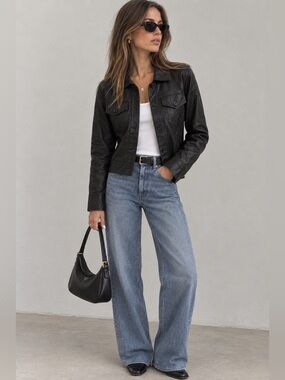 Cerule Black Vegan-Leather Jean Jacket Crop Button Down Longsleeve Medium